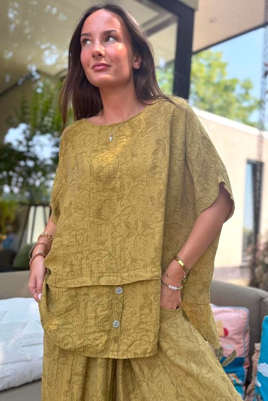 Tasha Damask Cap Sleeve Button Top Deep Olive